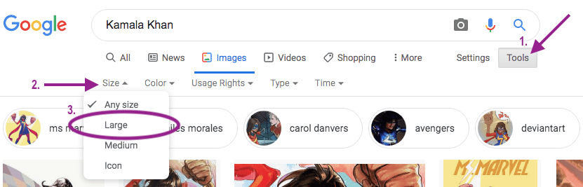 Banner FAQ - On Google Images, click "tools" and then "large" on the "size" menu.
